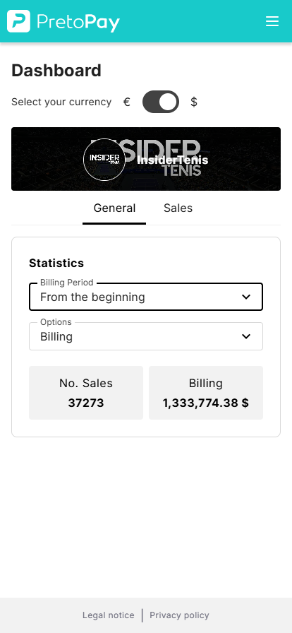 Panel de facturación de Insider Tenis mostrando 1.333.774,38 $ y 37.273 ventas