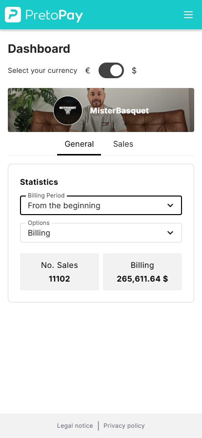 Panel de facturación de MisterBasket mostrando 265.611,64 $ y 11.102 ventas