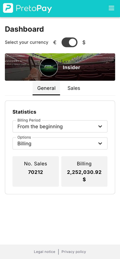 Panel de facturación del proyecto Insider mostrando 2.252.030,92 € y 70.212 ventas