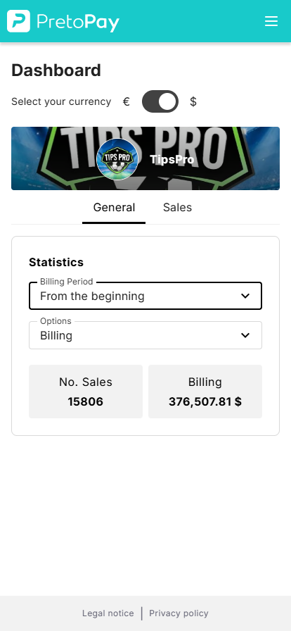 Panel de facturación de Tips Pro mostrando 376.507,81 $ y 15.806 ventas